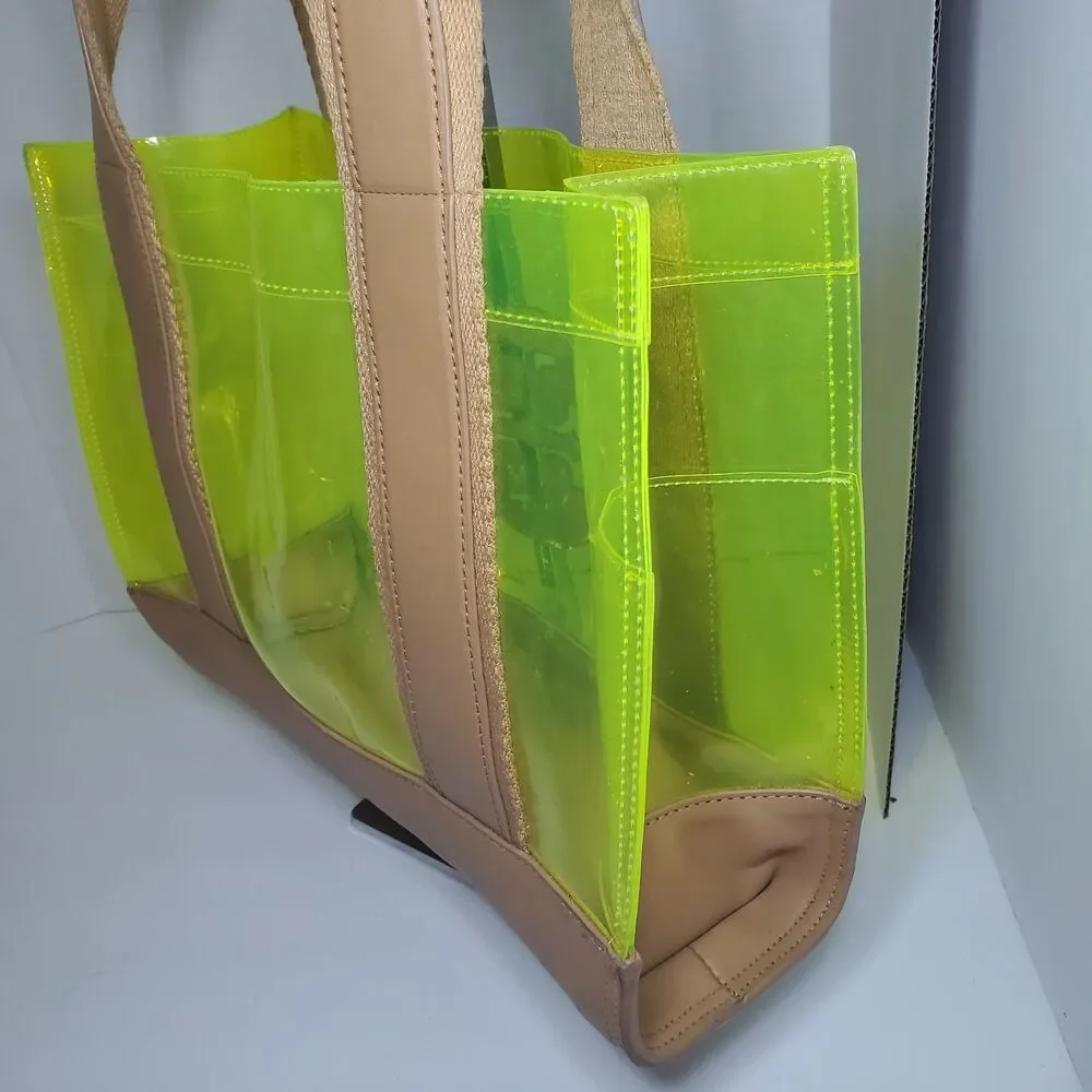 Rare Tory Burch Jesse Leather Clear Neon Yellow Dbl Handle Bag Mini Tote